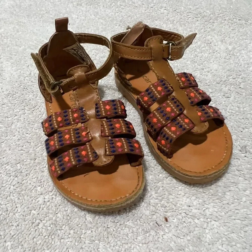Carters Baby Girl Brown Gladiator Sandals 6 T Strap Boho Colorful Strappy Pink